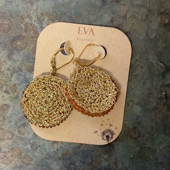 Eva Hanusova Beaded Amber and Gold Round Drop Earrings - Picture 2 of 2